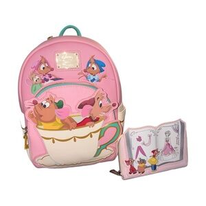Disney Loungefly Pink Cinderella Backpack and Wallet Mice in teacup